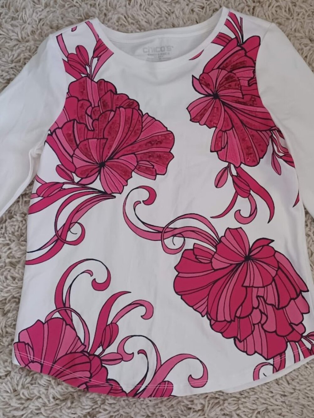 Chico’s Size 0 Small White Pink Floral Beaded Top 3/4 Sleeve Stretch Knit Blouse